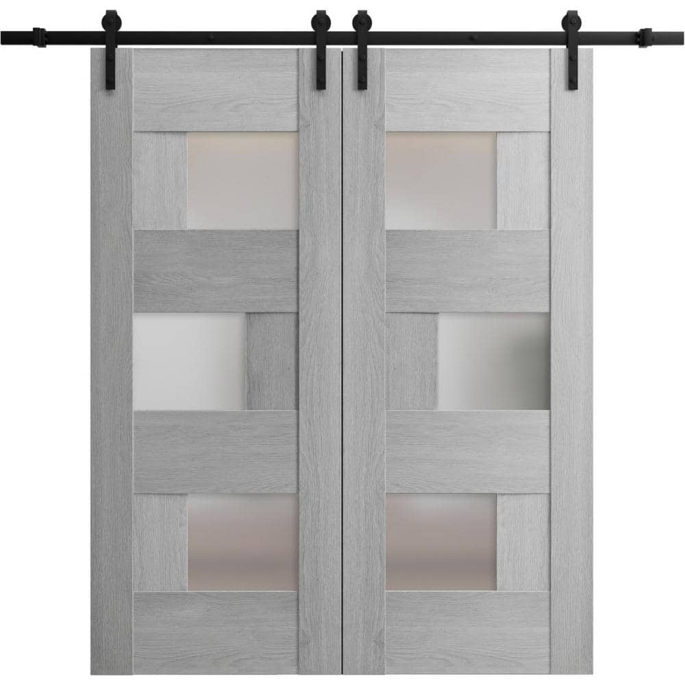 Assemble Required 24 in. x 80 in. 2 Panel Frosted Glass Light Grey Oak Solid Wood Sliding Barn Door with Hardware Kit price history on PriceWatchPro