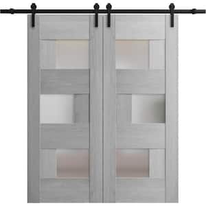 32 in. x 96 in. 2 Panel Frosted Glass Light Grey Oak Solid MDF Sliding Barn Door with Hardware Kit