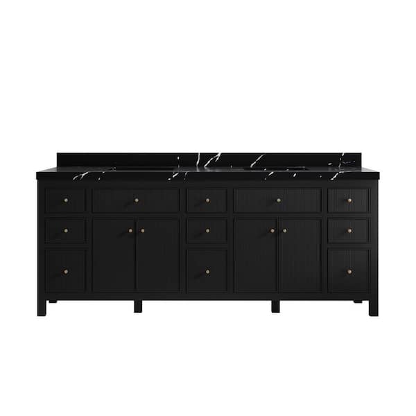 Willow Collections Sonoma 84 in. Double Sink Freestanding Black Bath Vanity with Calacatta Black Qt. Top Unassembled