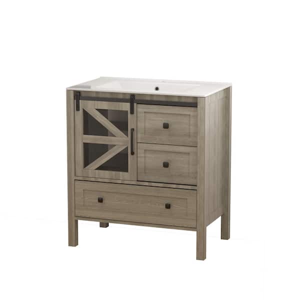 30 in. Single Sink Freestanding Grey Wood Barn Door Bath Vanity with White Ceramic Top Unassembled, Rustic Slider