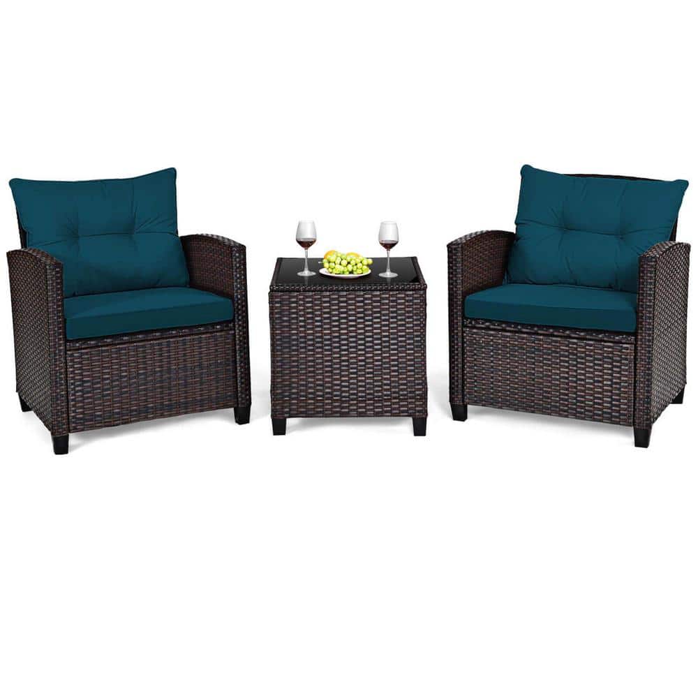 Costway 3-Piece Rattan Wicker Patio Conversation Set Sofa Coffee Table with Blue Cushions