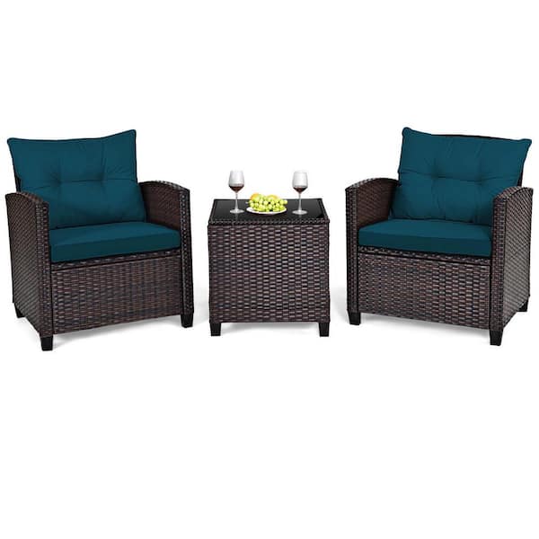 Costway 3-Piece Rattan Wicker Patio Conversation Set Sofa Coffee Table with Blue Cushions