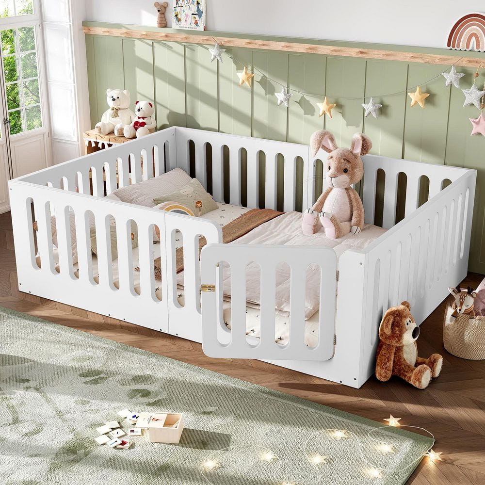 White Wood Frame Queen Size Platform Bed with High Fence
