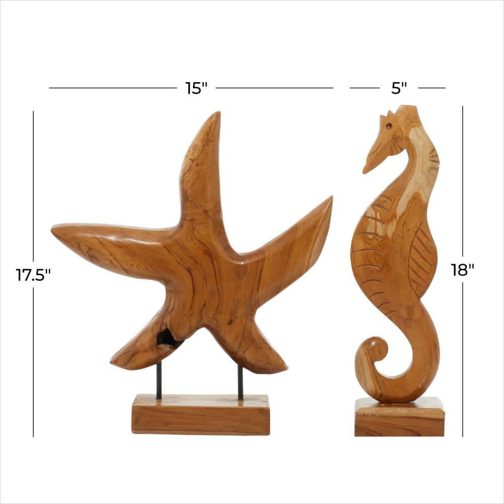 Coastal Teak Wood Sculpture Set, 17" Brown