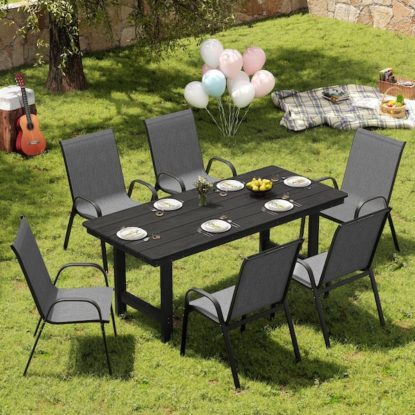 7-Piece Plastic Rectangular Outdoor Dining Set, HDPE Patio Table and 6-Textilene Stackable Chairs for Lawn, Garden