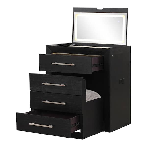 Jarre 2-Piece Black Makeup Vanity Set with Removable Cushion on Stool and 3-Colors LED on Mirror, USB Charging Ports