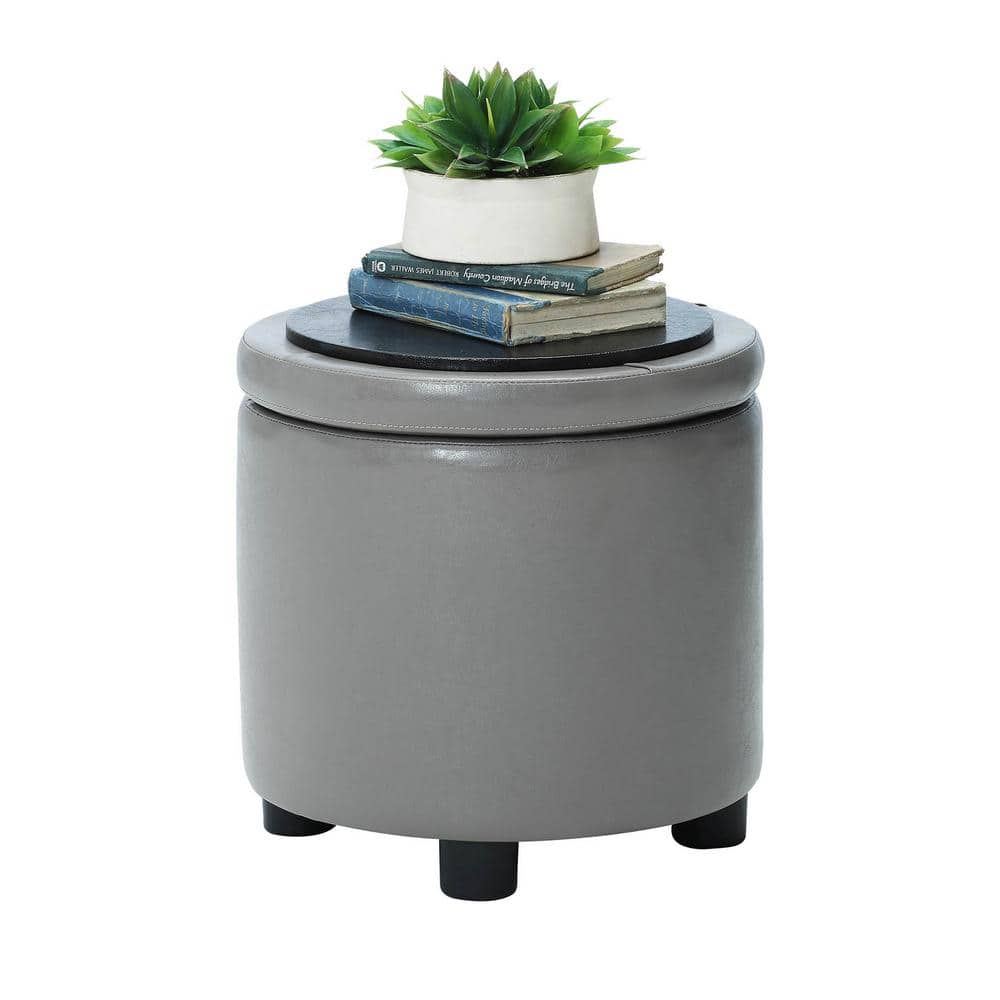 Gray Faux Leather Round Storage Ottoman with Reversible Tray Lid