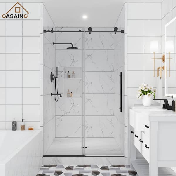 CASAINC 44-48 in. W x 76 in. H Sliding Frameless Shower Door in Matte Black with Clear Glass