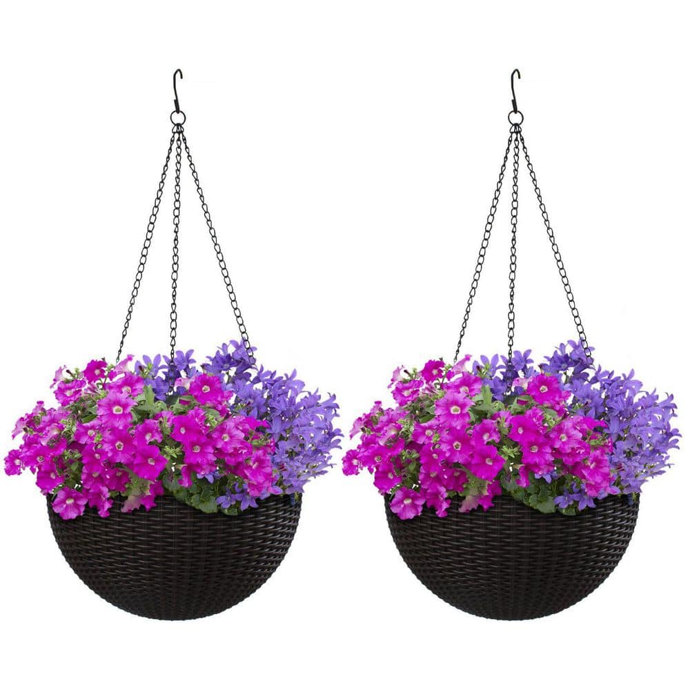 Large Espresso Brown Resin Woven Hanging Planter Set