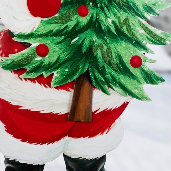 Glitzhome 36 in. H Christmas Metal Santa with Tree Yard Stake