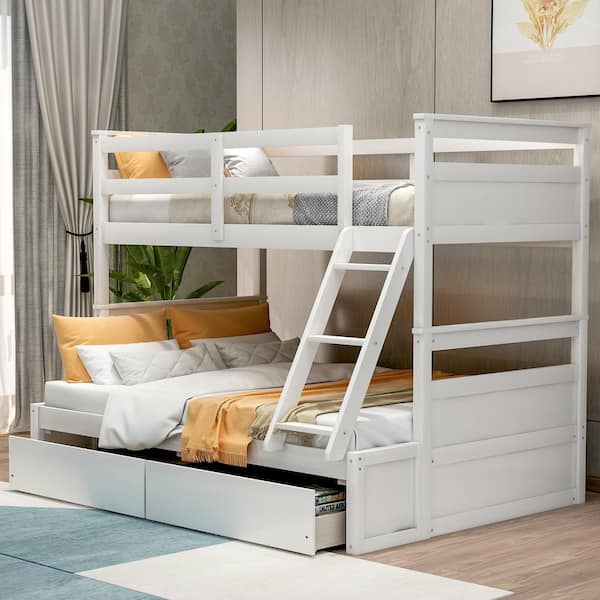 Harper & Bright Designs White Twin over Full Wood Bunk Bed with 2-Drawers