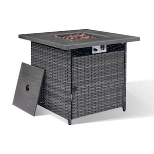 30 in. 50000 BTU Rectangular Gray Rattan Propane Outdoor Fire Pit Table with Lava Stone