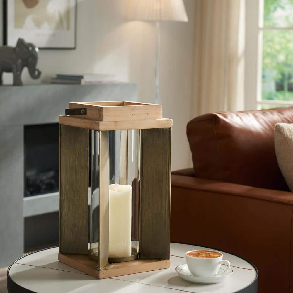 Medium 15.75 in. H Brown Wood and Metal Candle Lantern