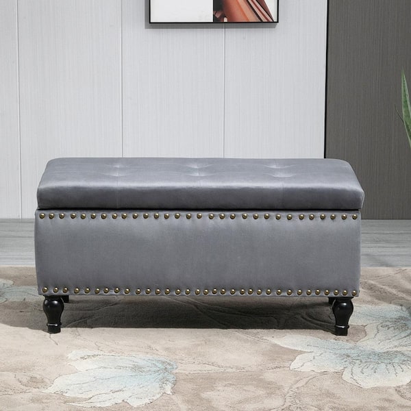 Maypex Grey Color Velvet Storage Bench with Nailhead Trim 17.7 in. H x 17.7 in. x 38 in.