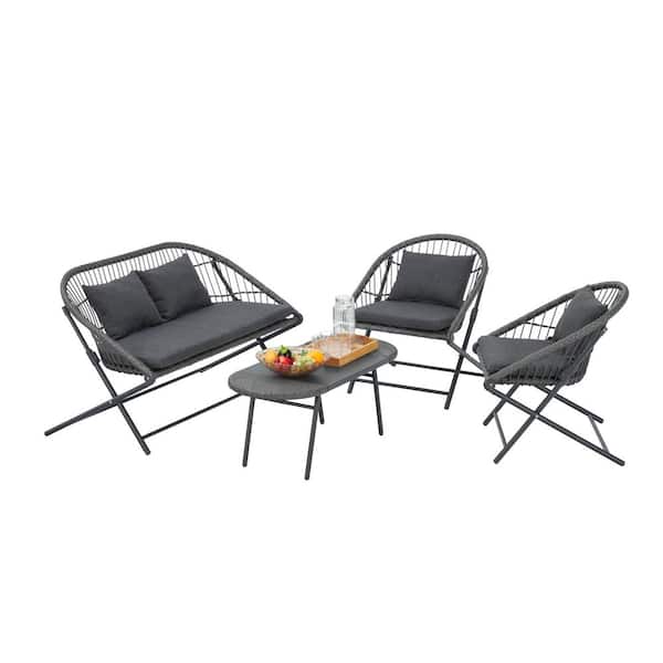 Afoxsos Dark Gray 4-Piece Patio PE Wicker Rattan Outdoor Conversation Set Sectional Sofa Set with Dark Gray Cushions