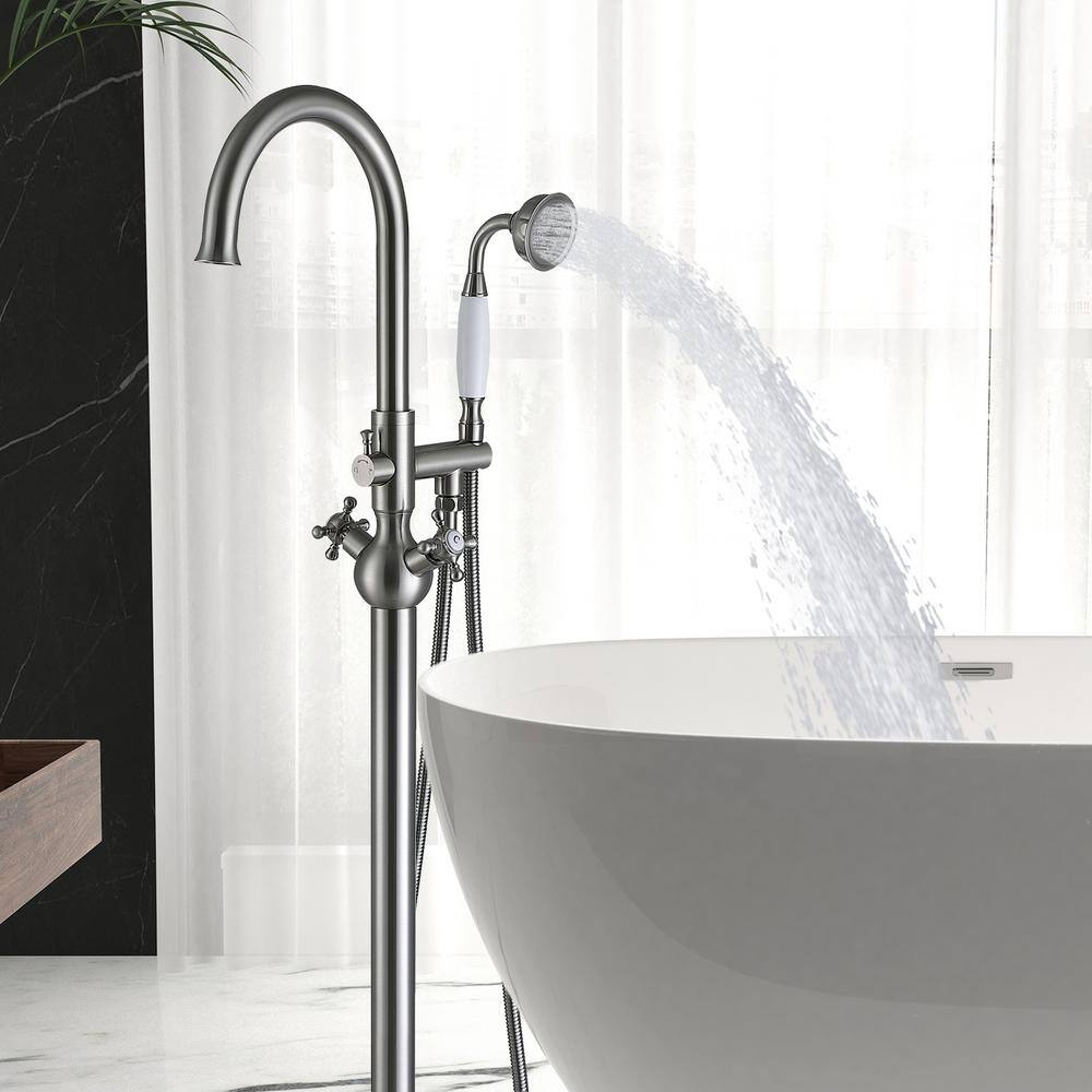 Brushed Nickel Freestanding Tub Filler with Handheld Shower
