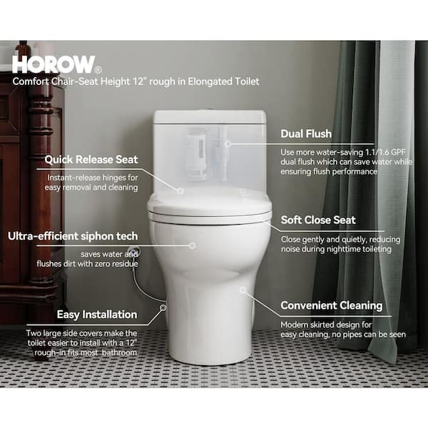 1-Piece 1.1/1.6 GPF High Efficiency Dual Flush Elongated Toilet in White with Soft Closed Seat