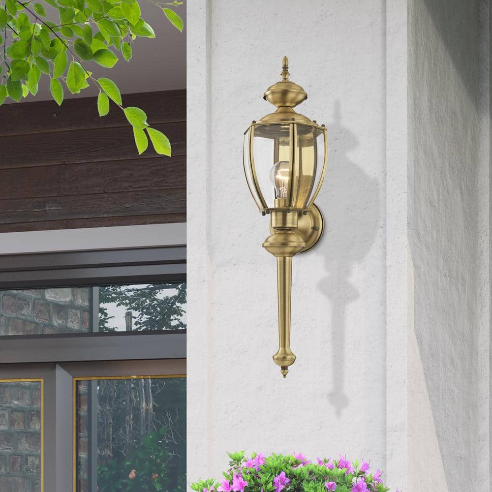 Antique Brass Lantern Sconce with Clear Beveled Glass, 1-Light