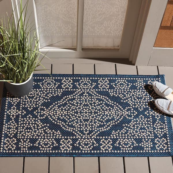 Courtyard Navy/Beige 8 ft. x 11 ft. Traditional Ornate Floral Indoor/Outdoor Area Rug