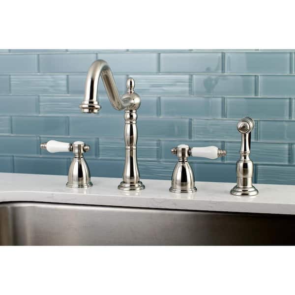 Victorian Porcelain 2-Handle Standard Kitchen Faucet with Side Sprayer in Brushed Nickel