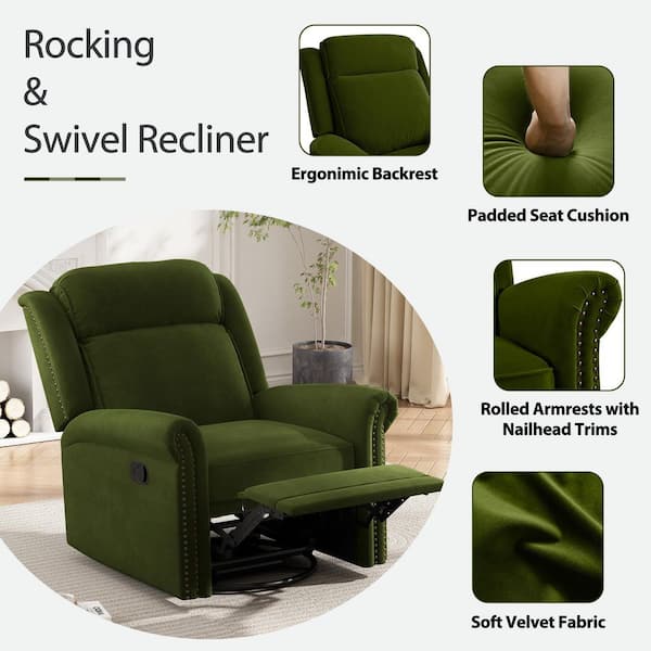 Merax Nailhead Green Velvet Manual Rocking 360° Swivel Recliner
