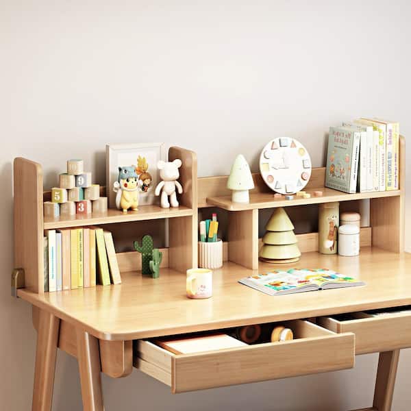 1-Piece Beige Kids Study Desk Rubber Wood with Bookshelf and 2-Drawers, Study/Writing Table for Bedroom Home Office