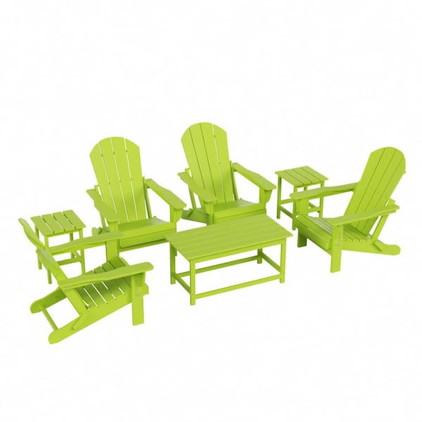 Laguna 7-Piece Fade Resistant Outdoor Patio HDPE Poly Plastic Folding Adirondack Chair Conversation Set in Lime