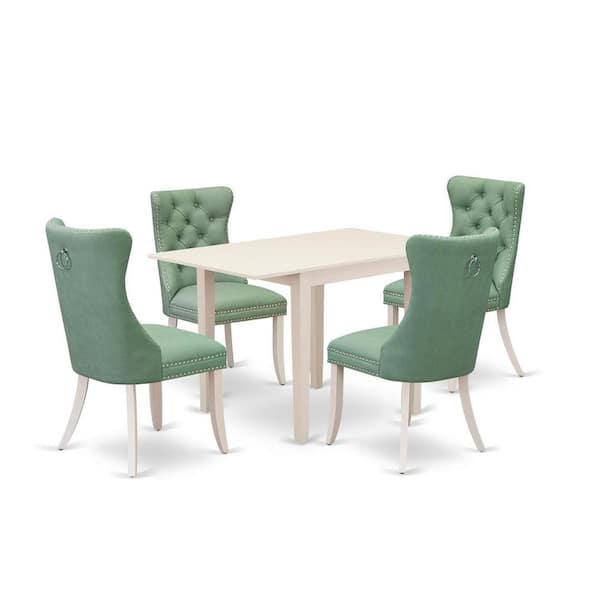 East West Furniture 5-Piece Linen White Finish Solid Wood Top-Rectangular Upholstered Dining Room Set with Dropleaf-Seats 4