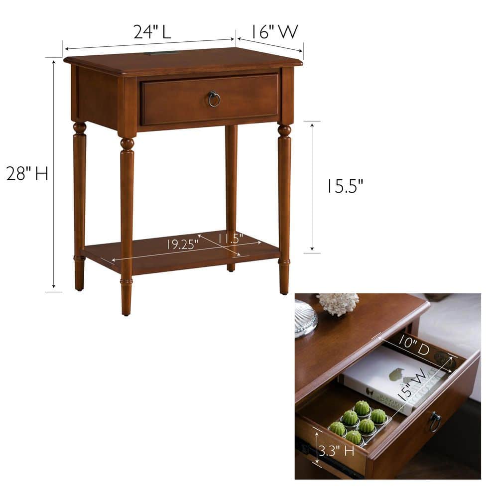 Pecan Brown Solid Wood Coastal Side Table with USB-C Fast Charging Station