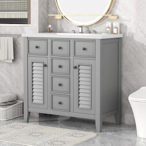 36 in. W Single Sink Freestanding 5 Drawers Gray Bath Vanity with White Ceramic Top Unassembled