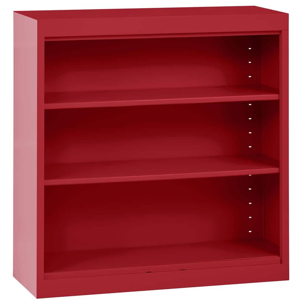 Adjustable Red Powder-Coated Steel 3-Shelf Bookcase