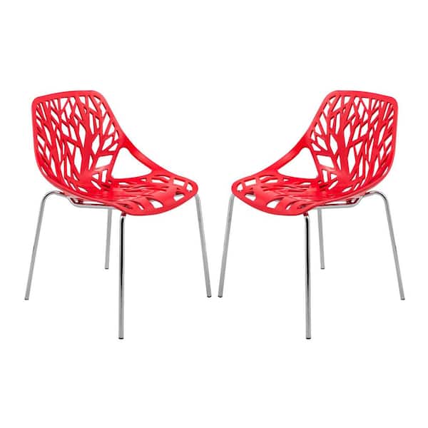 Leisuremod Stackable Dining Chair in Polypropylene Plastic with Chrome Metal Legs Set of 2 Modern Cut-Out Design Backrest in Red