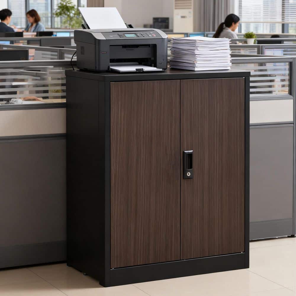 25.6 in. W x 13.8 in. D x 42 in. H Black Metal Linen Cabinet with Locking Doors and Adjustable Shelf