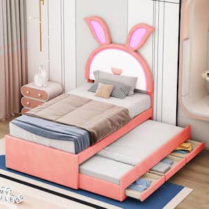 Pink Wood Frame Twin Velvet and PU Leather Upholstered Platform Bed with Rabbit Ears, 3 Drawers, Twin Trundle, LED Light