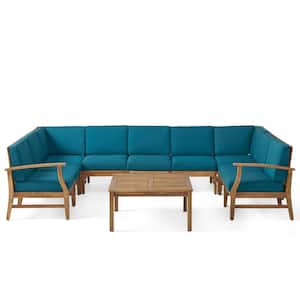 Giancarlo Teak 10-Piece Wood Outdoor Sectional Set with Blue Cushions