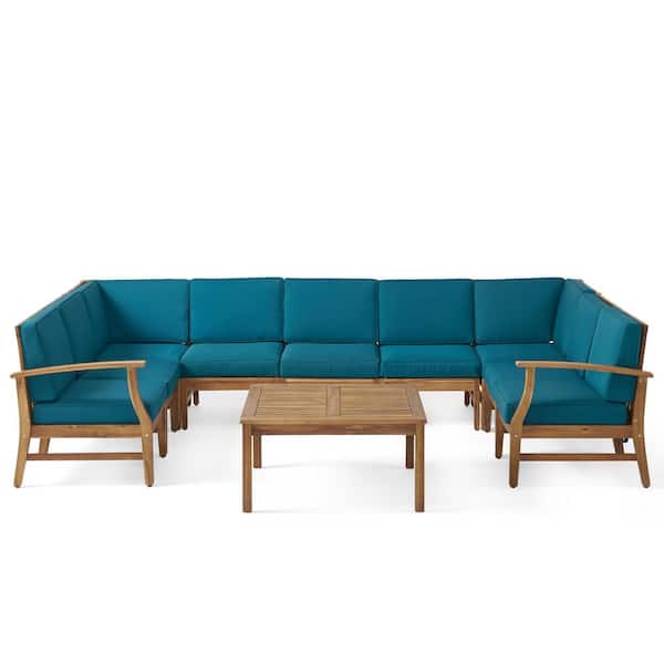 Noble House Giancarlo Teak 10-Piece Wood Outdoor Sectional Set with Blue Cushions