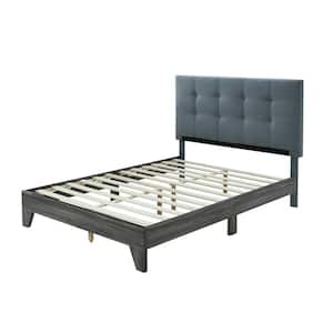 Grey Upholstered Platform Bed with Headboard and Wooden Frame in Queen Size