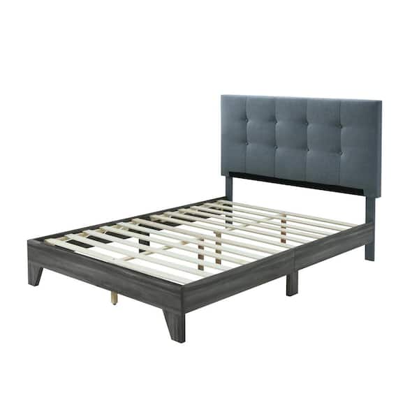HODEDAH Grey Upholstered Platform Bed with Headboard and Wooden Frame in Queen Size