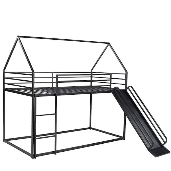 Polibi Black Twin over Twin Playhouse Bunk Bed with Ladder and Slide(76 ...