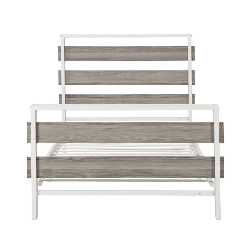 Gray Twin Size Platform Bed Frame with Wooden Headboard and Metal Slats