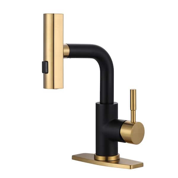 Waterfall Single Handle Pull Down Bar Faucet with 3-Modes Sprayer and Deckplate in Black and Gold