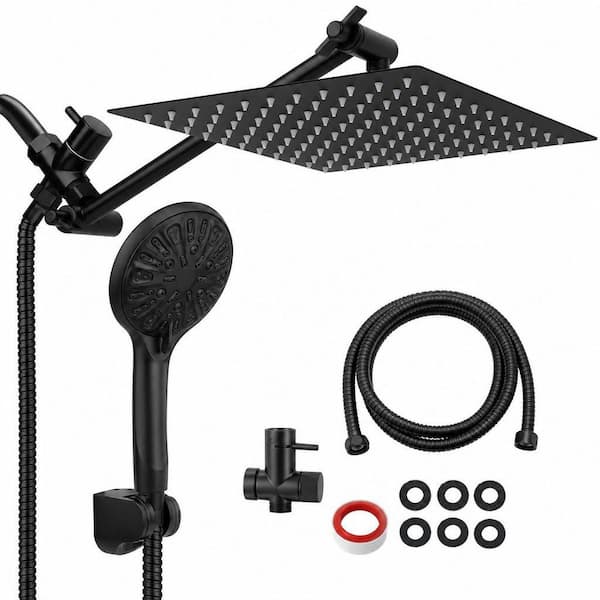 2-Piece 10 in. High Pressure Rainfall and Handheld Shower in Black with 11 in. Extension Arm, 9 Settings and Holder