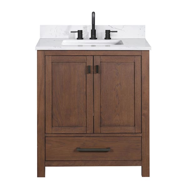 Modero 31 in. Single Sink Mocha Oak Bath Vanity with Cala White Engineered Stone Top