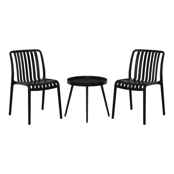 WESTIN OUTDOOR Frond and Form Outdoor Patio 3-Piece Poly Plastic Armless Chair with Round Side Table Bistro Set, Black