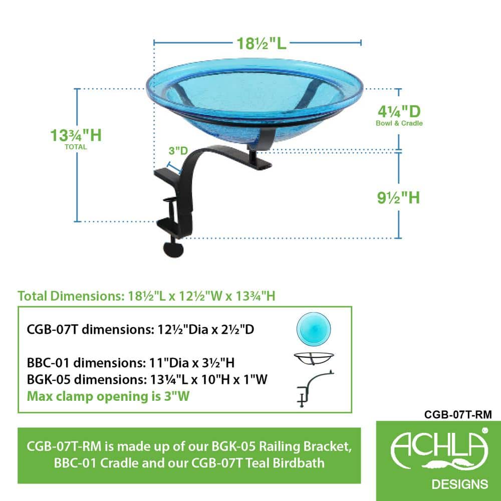 Teal Crackle Glass Birdbath with Black Rail Mount Bracket