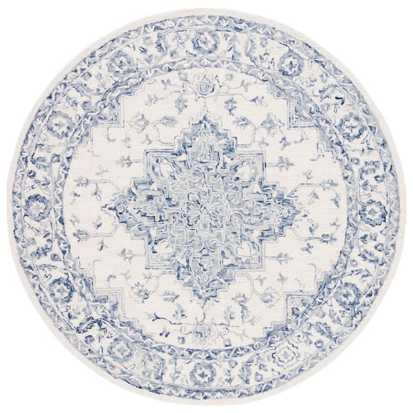 Metro 8 ft. x 8 ft. Blue/Ivory Ornate Border Round Area Rug