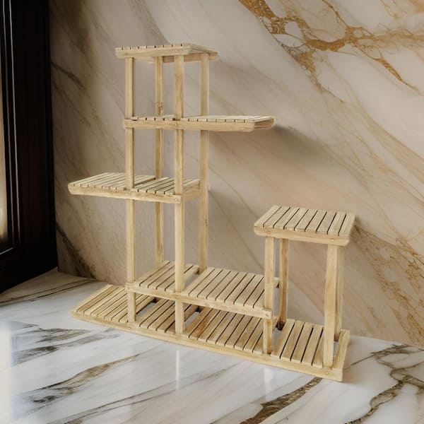 Benjara 66.9 in. Teak Wood Rectangular Wood Plant Stand with Multi