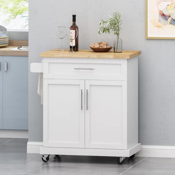 Noble House Mingo White Kitchen Cart with Cabinet Space