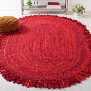 Braided Red Doormat 3 ft. x 5 ft. Abstract Striped Oval Area Rug