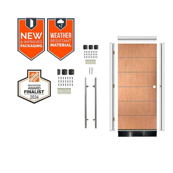 DIY Faux Pivot 36 in. x 79 in. Left-Hand 6-Grid Teak Stain Fiberglass Front Door Kit w/ Quick Assemble Jamb